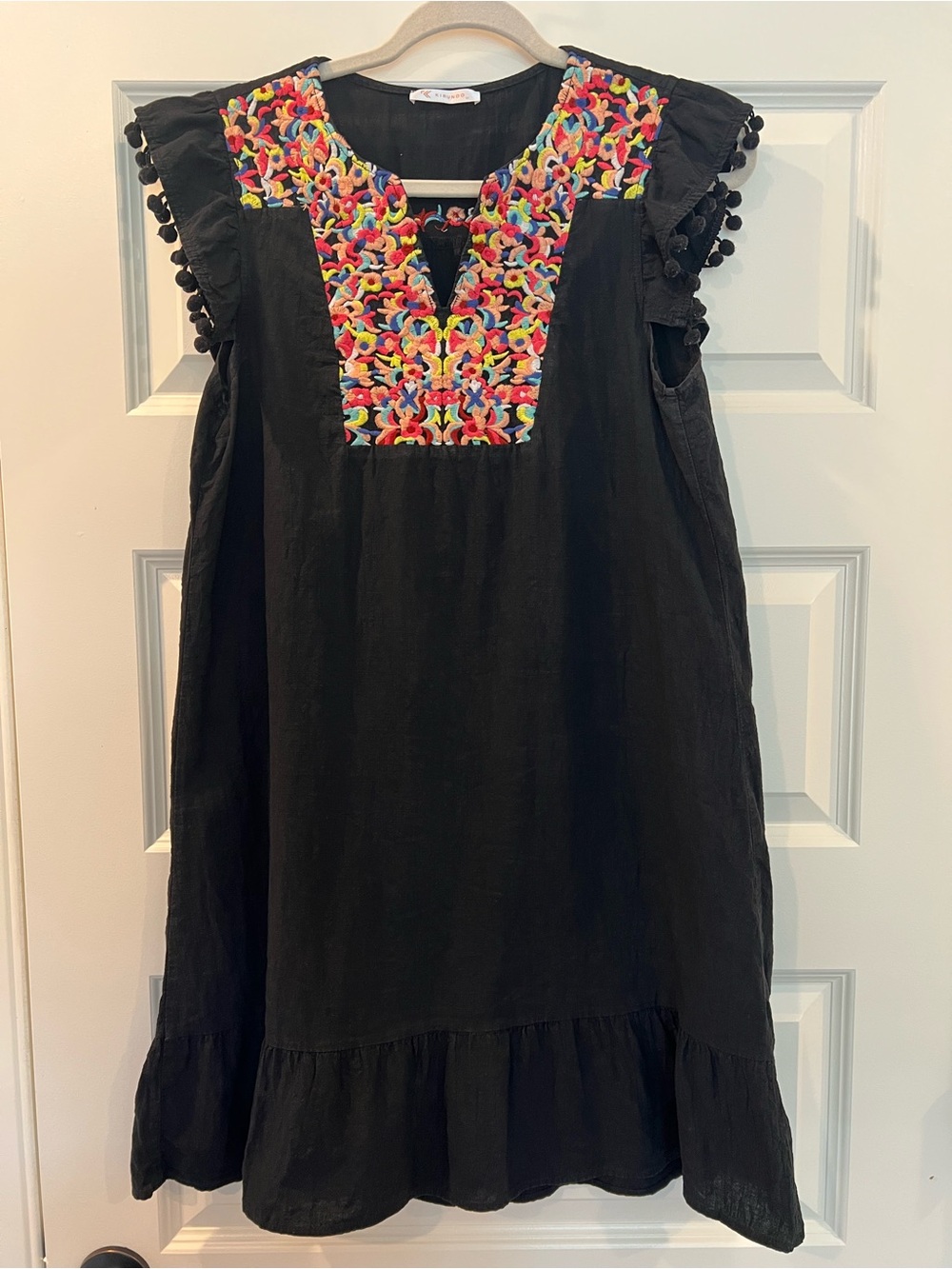 Kirundo Black Floral Embroidered Boho Mini Shift Dress M Pom Pom - Picture 5 of 8